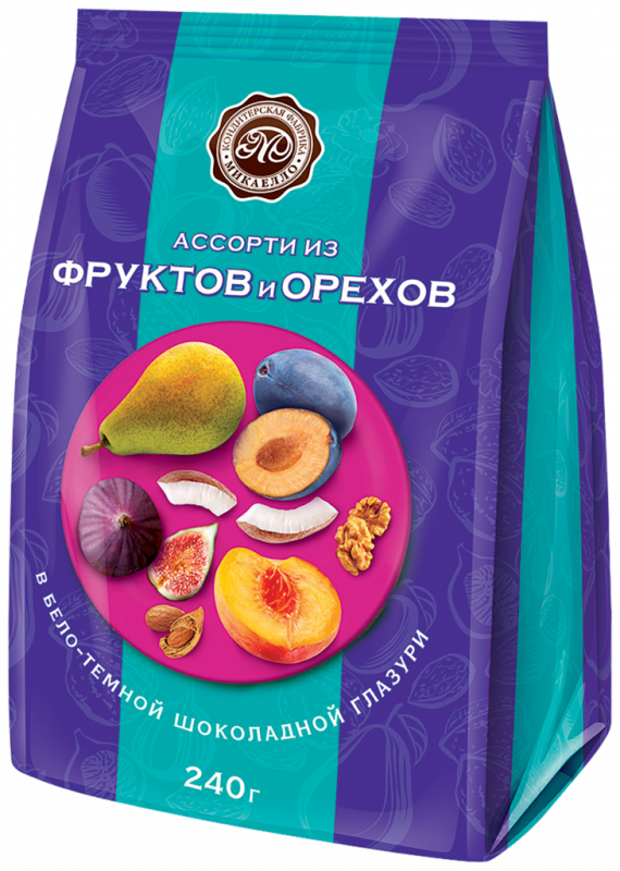Конфеты МИКАЕЛЛО Ассорти из фруктов и орехов в бело-темной шоколадной глазури, 240г Конфеты МИКАЕЛЛО Ассорти из фруктов и орехов в бело-темной шоколадной глазури, 240г