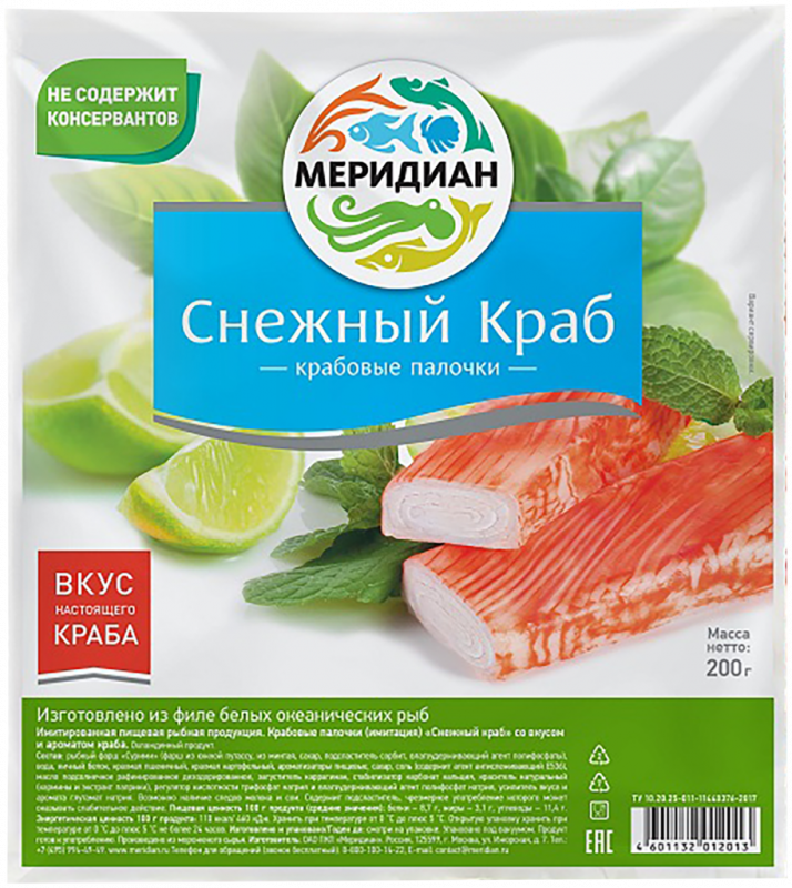 Крабовые палочки МЕРИДИАН Снежный краб (имитация), 200г Крабовые палочки МЕРИДИАН Снежный краб (имитация), 200г