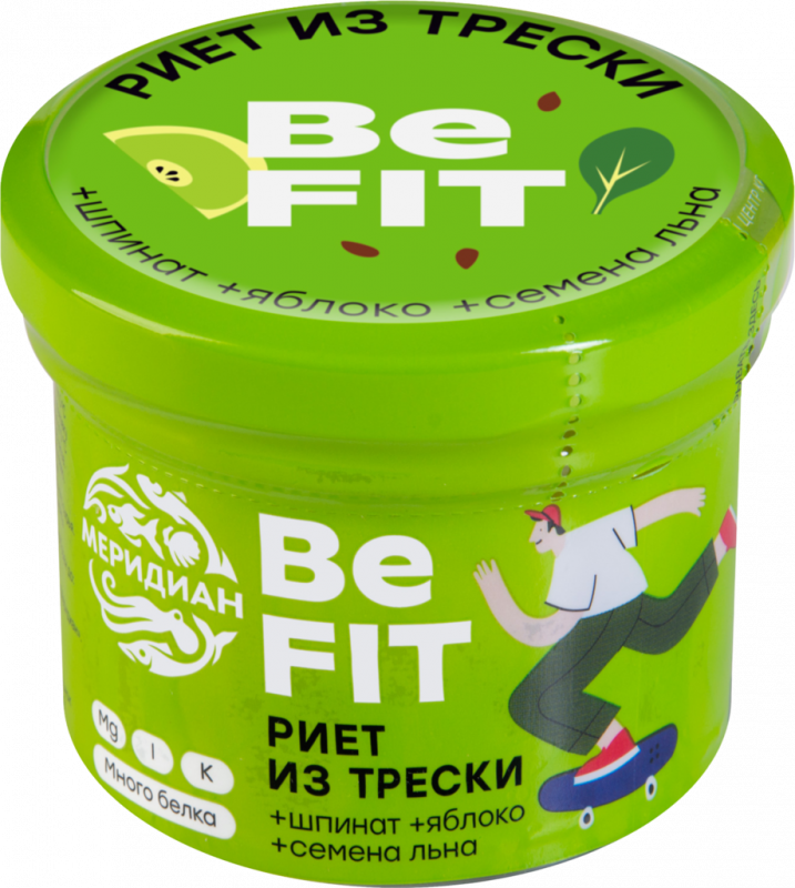 Риет из трески МЕРИДИАН Be Fit, с семенами льна, шпинатом и яблоком, 100г Риет из трески МЕРИДИАН Be Fit, с семенами льна, шпинатом и яблоком, 100г