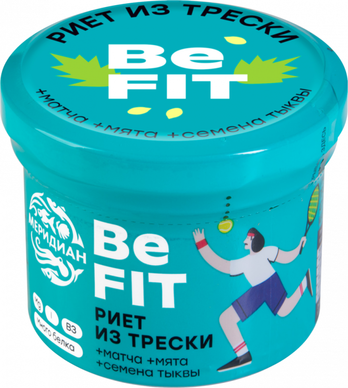 Риет из трески МЕРИДИАН Be Fit, с семенами тыквы, матча и мятой, 100г Риет из трески МЕРИДИАН Be Fit, с семенами тыквы, матча и мятой, 100г