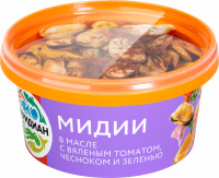 Мидии МЕРИДИАН с вялеными томатами, чесноком и зеленью, в масле, 430г