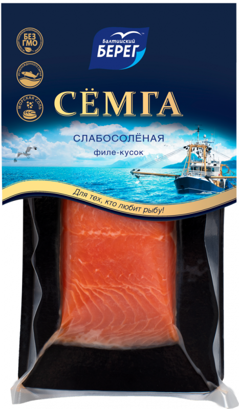 Семга (Лосось Атлантический) слабосоленая БАЛТИЙСКИЙ БЕРЕГ филе-кусок с кожей, 150г Семга (Лосось Атлантический) слабосоленая БАЛТИЙСКИЙ БЕРЕГ филе-кусок с кожей, 150г