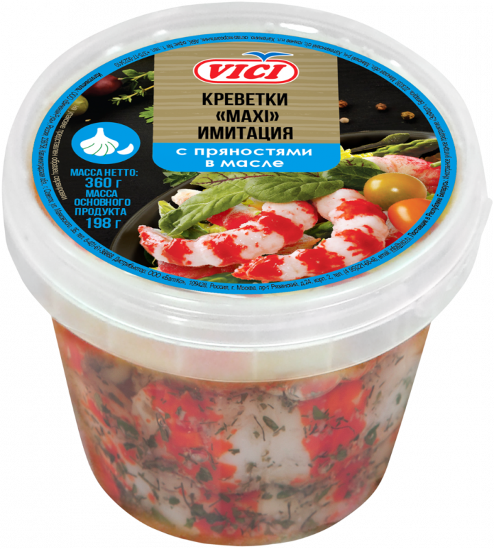 Креветки маринованные VICI Maxi с чесноком и пряностями в масле (имитация), 360г Креветки маринованные VICI Maxi с чесноком и пряностями в масле (имитация), 360г