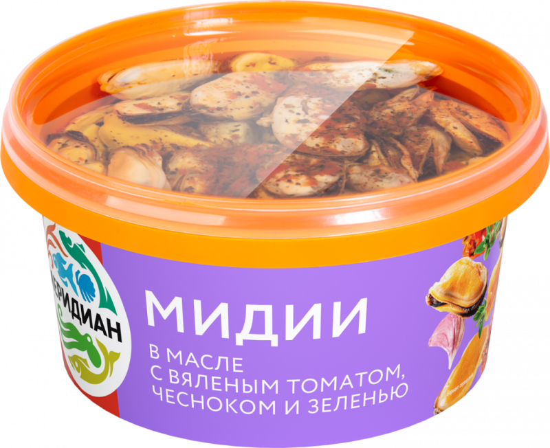 Мидии МЕРИДИАН с вялеными томатами, чесноком и зеленью, в масле, 430г Мидии МЕРИДИАН с вялеными томатами, чесноком и зеленью, в масле, 430г