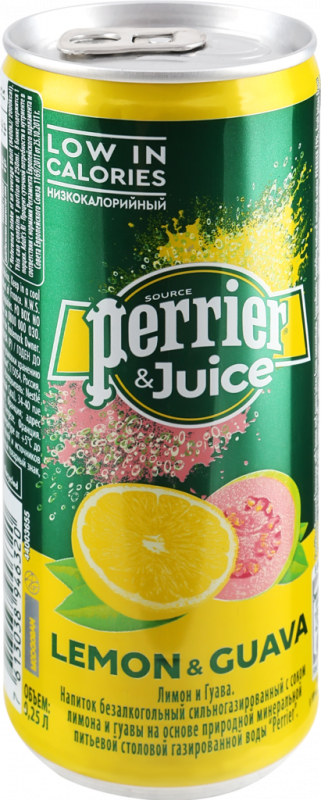 Напиток PERRIER Лимон и гуава с соком на основе природной минеральной воды сильногазированный, 0.25л Напиток PERRIER Лимон и гуава с соком на основе природной минеральной воды сильногазированный, 0.25л
