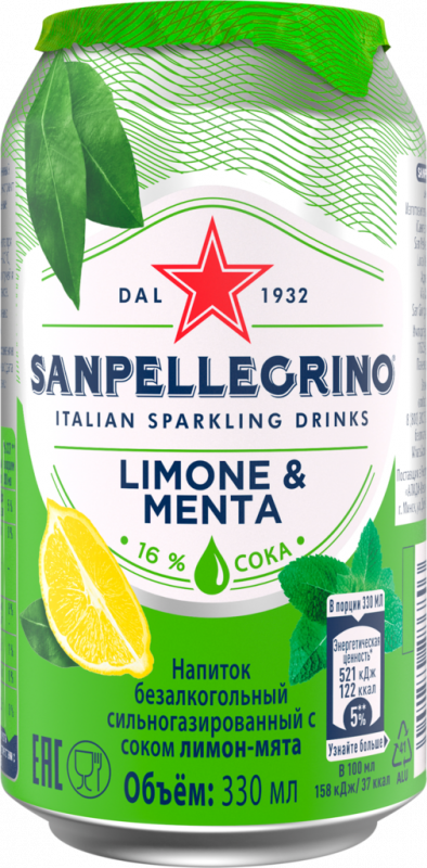 Напиток SANPELLEGRINO Лимон, мята с соком сильногазированный, 0.33л Напиток SANPELLEGRINO Лимон, мята с соком сильногазированный, 0.33л