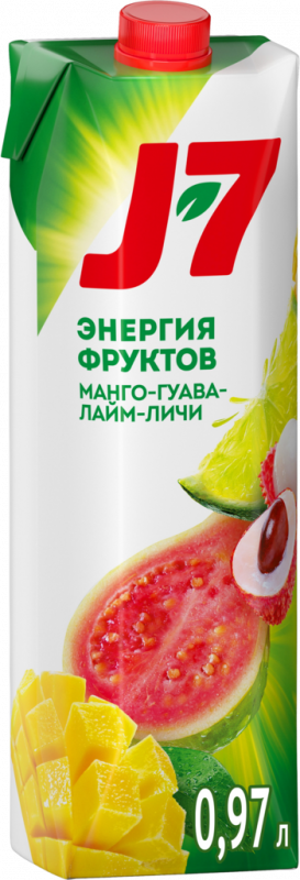 Напиток сокосодержащий J7 Манго, гуава, лайм и личи с мякотью, 0.97л Напиток сокосодержащий J7 Манго, гуава, лайм и личи с мякотью, 0.97л