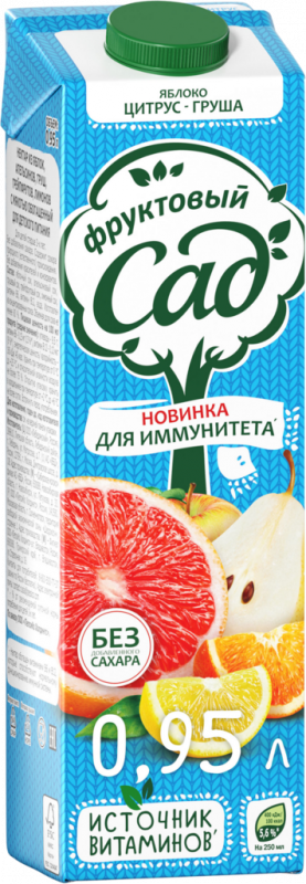 Нектар ФРУКТОВЫЙ САД Для иммунитета яблоко, апельсин, груша, грейпфрут, лимон, 0.95л