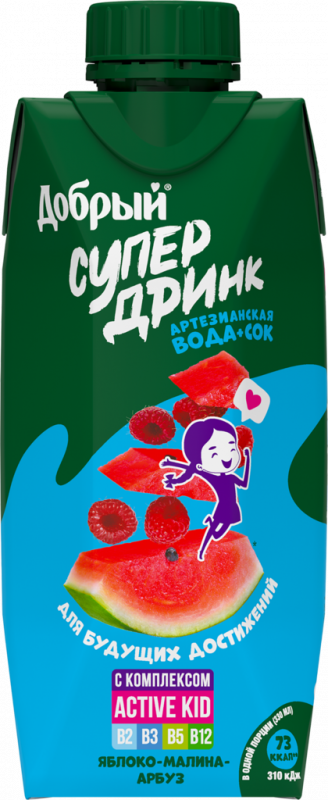 Напиток сокосодержащий ДОБРЫЙ Active kid Супер Дринк Яблоко, малина, арбуз, 0.33л