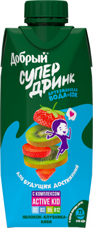 Напиток сокосодержащий ДОБРЫЙ Active kid Супер Дринк Яблоко, клубника, киви, 0.33л Напиток сокосодержащий ДОБРЫЙ Active kid Супер Дринк Яблоко, клубника, киви, 0.33л