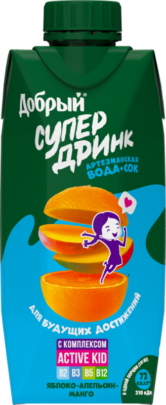 Напиток сокосодержащий ДОБРЫЙ Active kid Супер Дринк Яблоко, апельсин, манго, 0.33л