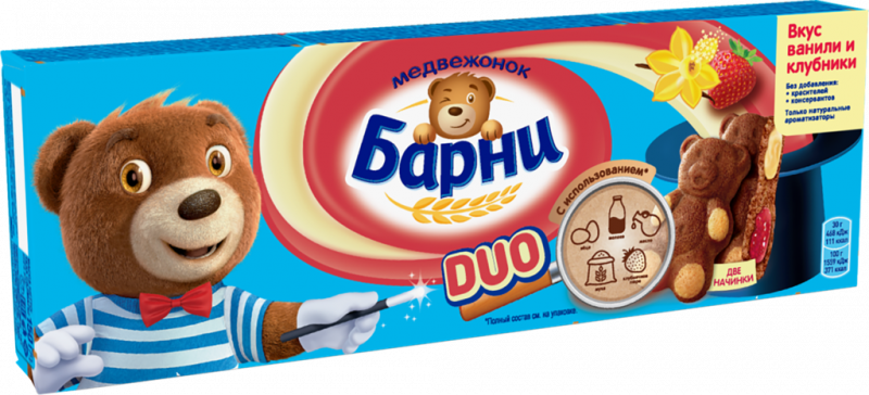 Пирожное бисквитное МЕДВЕЖОНОК БАРНИ Duo с клубничной и ванильной начинками, 150г
