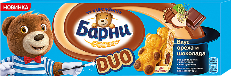 Пирожное бисквитное МЕДВЕЖОНОК БАРНИ Duo с ореховой и шоколадной начинками, 150г Пирожное бисквитное МЕДВЕЖОНОК БАРНИ Duo с ореховой и шоколадной начинками, 150г