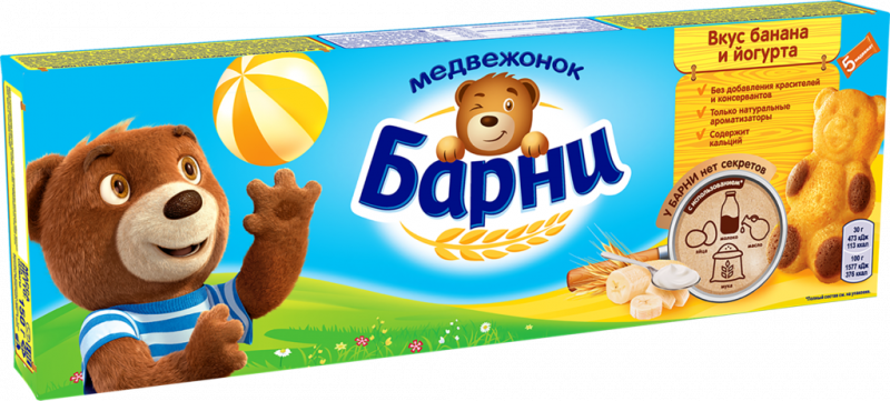 Пирожное бисквитное МЕДВЕЖОНОК БАРНИ с бананово-йогуртовой начинкой, 5х30г Пирожное бисквитное МЕДВЕЖОНОК БАРНИ с бананово-йогуртовой начинкой, 5х30г