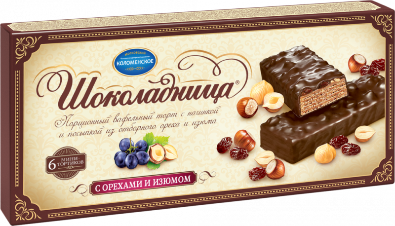 Торт ШОКОЛАДНИЦА Вафельный с орехами и изюмом, 180г Торт ШОКОЛАДНИЦА Вафельный с орехами и изюмом, 180г