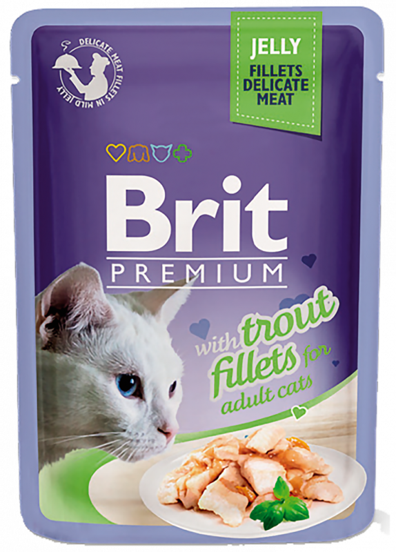 Корм консервированный для кошек BRIT Premium Cat кусочки филе форели в желе, 85г