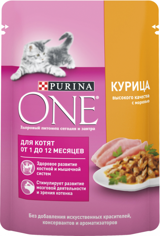 Корм консервированный для котят PURINA ONE с курицей и морковью 75г Корм консервированный для котят PURINA ONE с курицей и морковью 75г