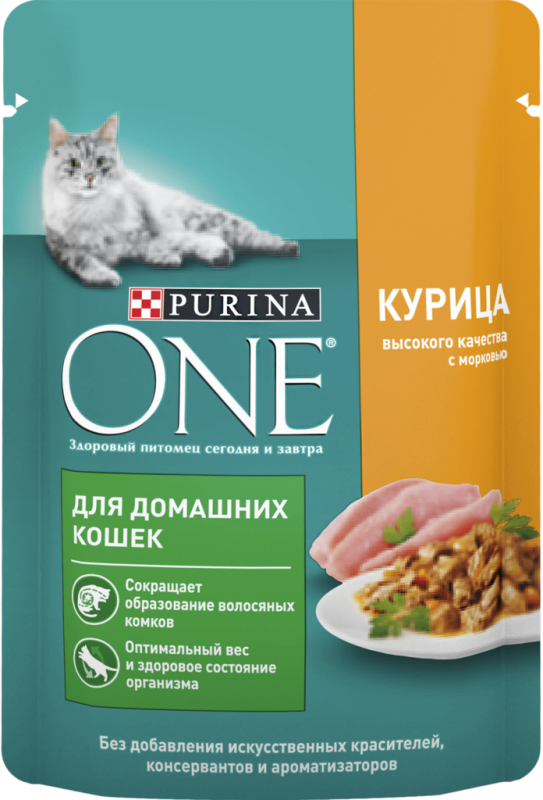 Корм консервированный для взрослых кошек PURINA ONE с курицей и морковью, для домашних, 75г Корм консервированный для взрослых кошек PURINA ONE с курицей и морковью, для домашних, 75г