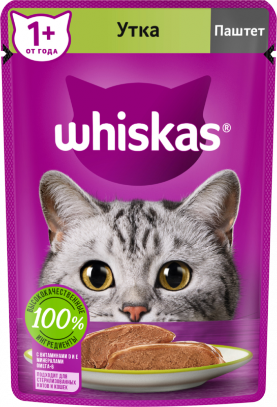 Корм консервированный для взрослых кошек WHISKAS паштет с уткой, 75г