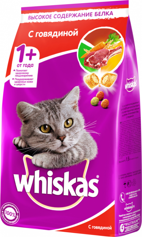 Корм сухой для взрослых кошек WHISKAS Подушечки с говяжьим паштетом, 1,9кг Корм сухой для взрослых кошек WHISKAS Подушечки с говяжьим паштетом, 1,9кг