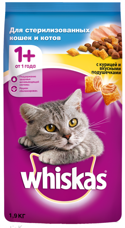 Корм сухой для кошек WHISKAS Вкусные подушечки с курицей, для стерилизованных кошек, 1,9кг