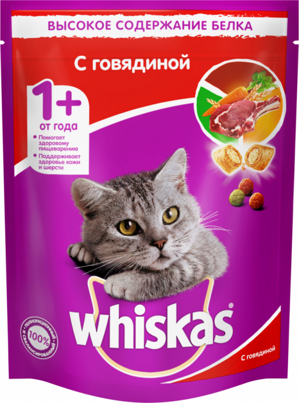 Корм сухой для взрослых кошек WHISKAS Подушечки с говяжьим паштетом, 800г Корм сухой для взрослых кошек WHISKAS Подушечки с говяжьим паштетом, 800г