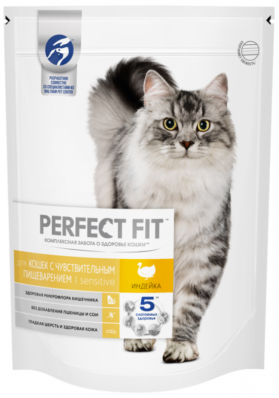 Корм сухой для взрослых кошек PERFECT FIT с индейкой, с чувствительным пищеварением, 650г