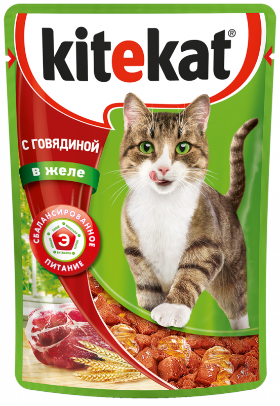 Корм консервированный для кошек KITEKAT с сочными кусочками говядины в желе, 85г Корм консервированный для кошек KITEKAT с сочными кусочками говядины в желе, 85г