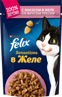 Корм консервированный для взрослых кошек FELIX Sensations с лососем в желе с добавлением трески, 85г