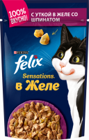 Корм консервированный для взрослых кошек FELIX Sensations с уткой в желе со шпинатом, 85г