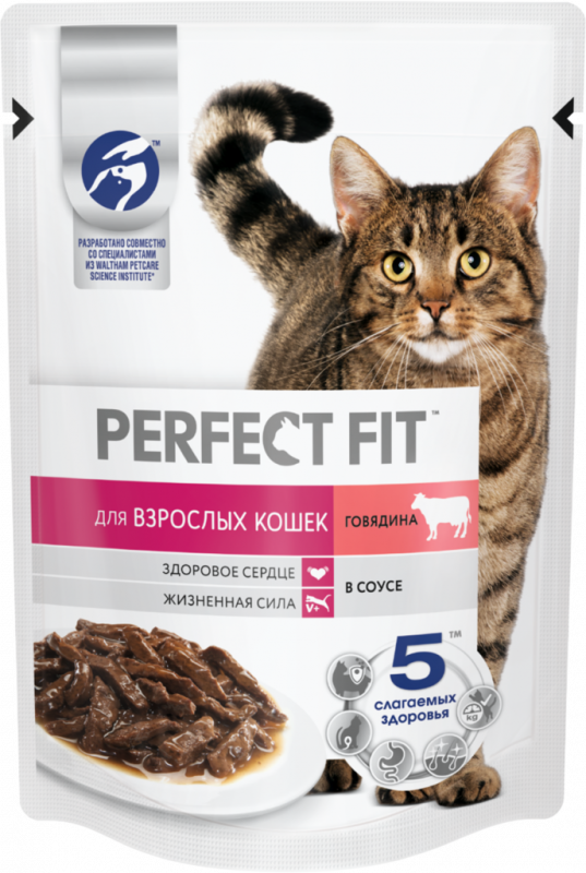 Корм консервированный для взрослых кошек PERFECT FIT Adult с говядиной в соусе, 75г