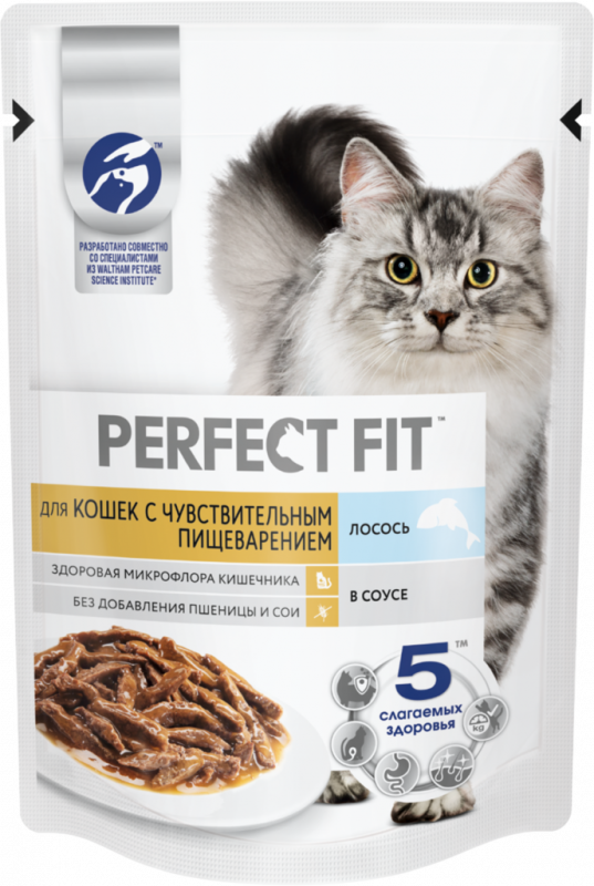 Корм консервированный для взрослых кошек PERFECT FIT Sensitive с лососем в соусе, для чувствительного пищеварения, 75г