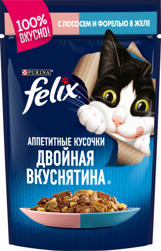 Корм консервированный для взрослых кошек FELIX Аппетитные кусочки Двойная вкуснятина с лососем и форелью в желе, 85г Корм консервированный для взрослых кошек FELIX Аппетитные кусочки Двойная вкуснятина с лососем и форелью в желе, 85г