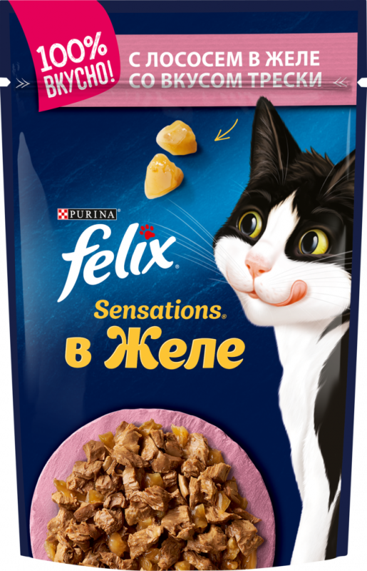 Корм консервированный для взрослых кошек FELIX Sensations с лососем в желе с добавлением трески, 85г Корм консервированный для взрослых кошек FELIX Sensations с лососем в желе с добавлением трески, 85г