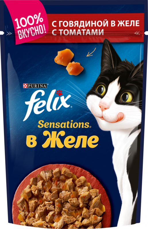 Корм консервированный для взрослых кошек FELIX Sensations с говядиной в желе с томатами, 85г