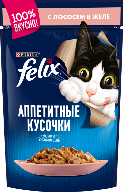Корм консервированный для взрослых кошек FELIX Аппетитные кусочки с лососем в желе, 85г