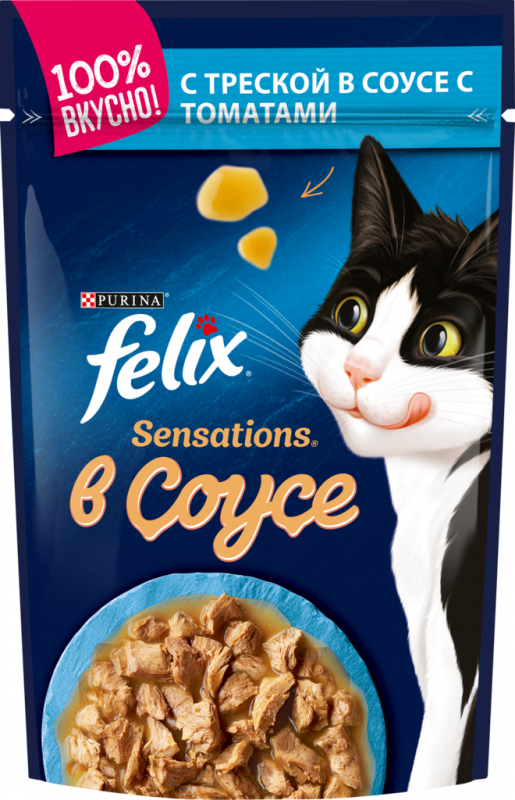 Корм консервированный для взрослых кошек FELIX Sensations с треской в соусе с томатами, 85г Корм консервированный для взрослых кошек FELIX Sensations с треской в соусе с томатами, 85г