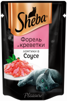 Корм консервированный для взрослых кошек SHEBA Pleasure ломтики в соусе с форелью и креветками, 85г