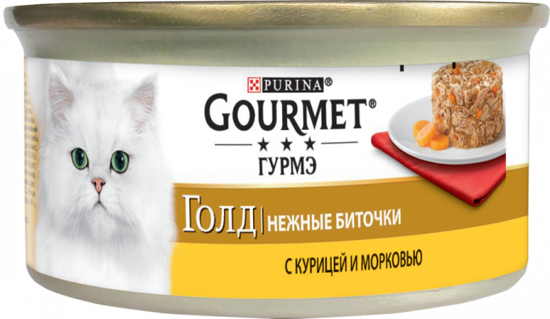 Корм консервированный для взрослых кошек GOURMET Голд Нежные биточки с курицей и морковью, 85г Корм консервированный для взрослых кошек GOURMET Голд Нежные биточки с курицей и морковью, 85г