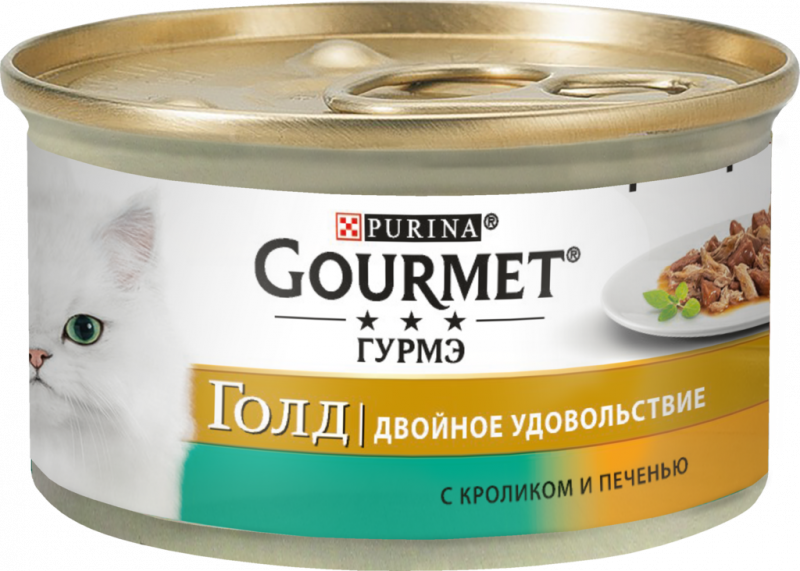 Корм консервированный для взрослых кошек GOURMET Голд Двойное удовольствие с кроликом и печенью, 85г