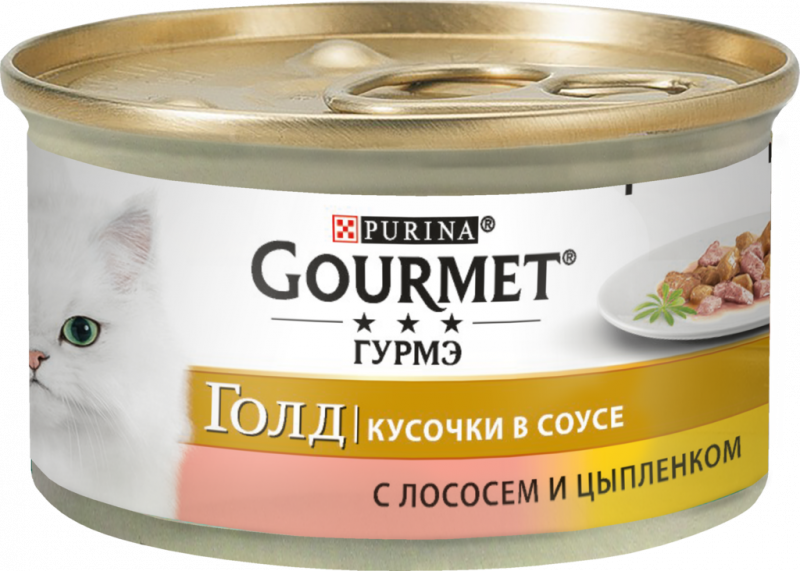 Корм консервированный для взрослых кошек GOURMET Голд Кусочки в соусе с лососем и цыпленком, 85г