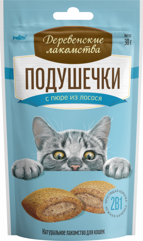 Лакомство для кошек ДЕРЕВЕНСКИЕ ЛАКОМСТВА Подушечки с пюре из лосося, 30г