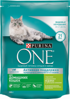Корм сухой для взрослых кошек PURINA ONE с высоким содержанием индейки и цельными злаками, для живущих в домашних условиях, 200г