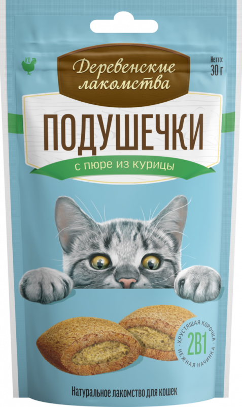 Лакомство для кошек ДЕРЕВЕНСКИЕ ЛАКОМСТВА Подушечки пюре из курицы, 30г Лакомство для кошек ДЕРЕВЕНСКИЕ ЛАКОМСТВА Подушечки пюре из курицы, 30г