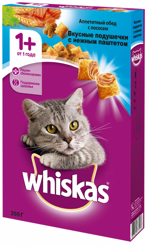 Корм сухой для взрослых кошек WHISKAS Вкусные подушечки с нежным паштетом, Аппетитный обед с лососем, 350г Корм сухой для взрослых кошек WHISKAS Вкусные подушечки с нежным паштетом, Аппетитный обед с лососем, 350г