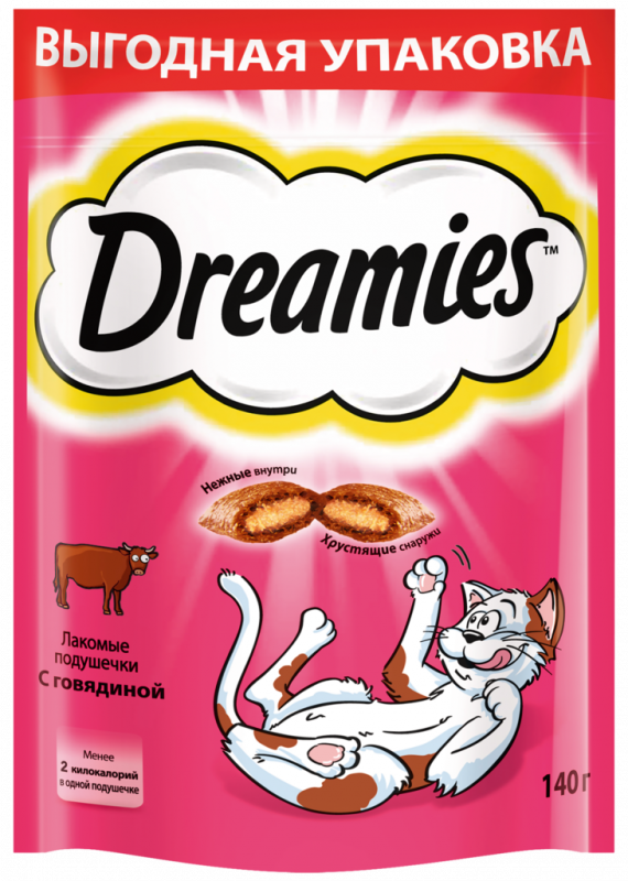 Лакомство для кошек DREAMIES Подушечки с говядиной, 140г Лакомство для кошек DREAMIES Подушечки с говядиной, 140г