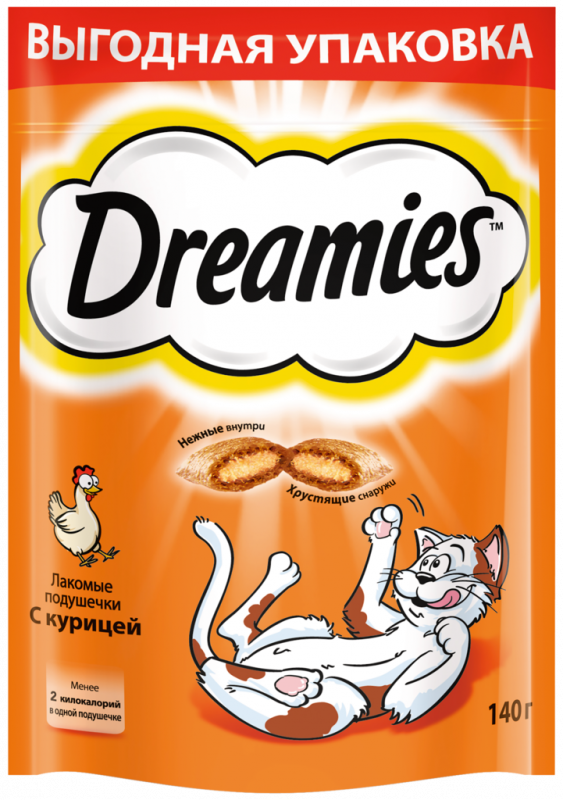 Лакомство для кошек DREAMIES Подушечки с курицей, 140г Лакомство для кошек DREAMIES Подушечки с курицей, 140г