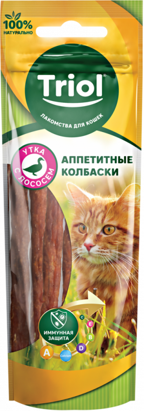 Лакомство для кошек TRIOL Колбаски из лосося с уткой, 40г Лакомство для кошек TRIOL Колбаски из лосося с уткой, 40г