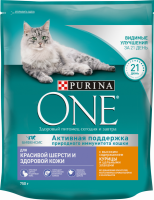 Корм сухой для взрослых кошек PURINA ONE с высоким содержанием курицы и цельными злаками, для красивой шерсти, здоровой кожи и контроля образования волосяных комков, 750г
