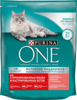 Корм сухой для взрослых кошек PURINA ONE с высоким содержанием лосося и пшеницей, для стерилизованных и кастрированных, 750г